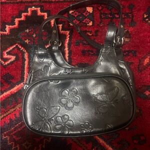 2000s Black Embossed Butterfly and Flower Handbag